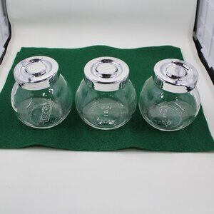3 Small IKEA Clear Glass Jars With Silver Tone Lids About 3 Inches Tall
